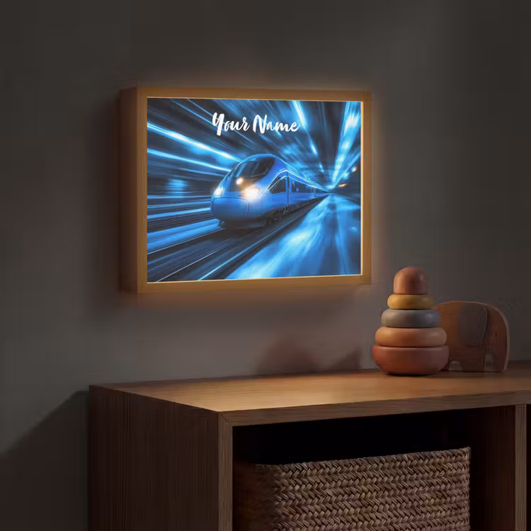 Trein - Blauw - Neon Light Box met batterij (Wandlamp kind) middel -sfeer5_kind