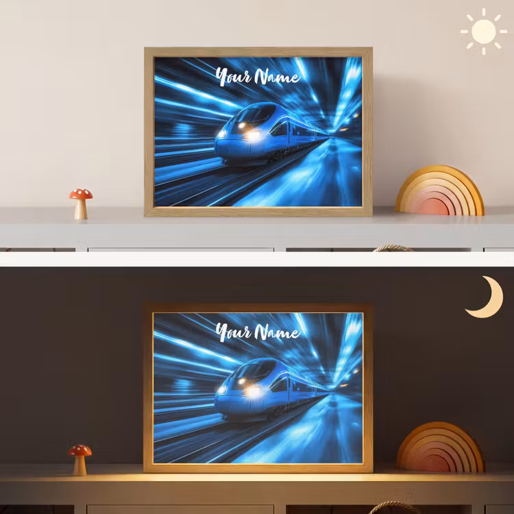 Trein - Blauw - Neon Light Box met batterij (Wandlamp kind) middel -sfeer3_kind