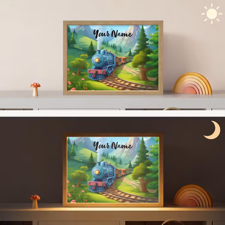 Trein - Bloemen - Kinderen - Natuur Light Box met batterij (Wandlamp kind) middel -sfeer3_kind