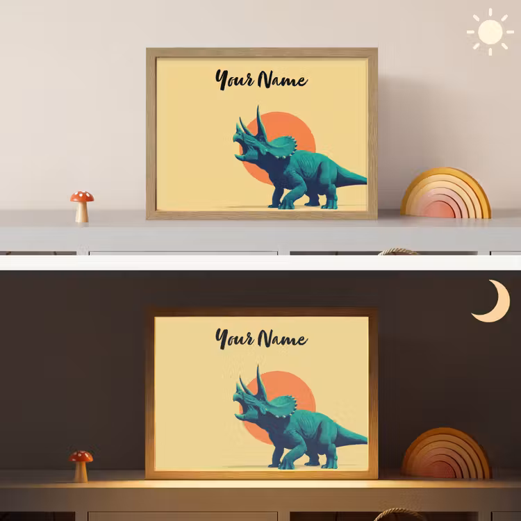 Triceratops - Hoorns - Cirkel - Oranje Light Box met batterij (Wandlamp kind) middel -sfeer3_kind