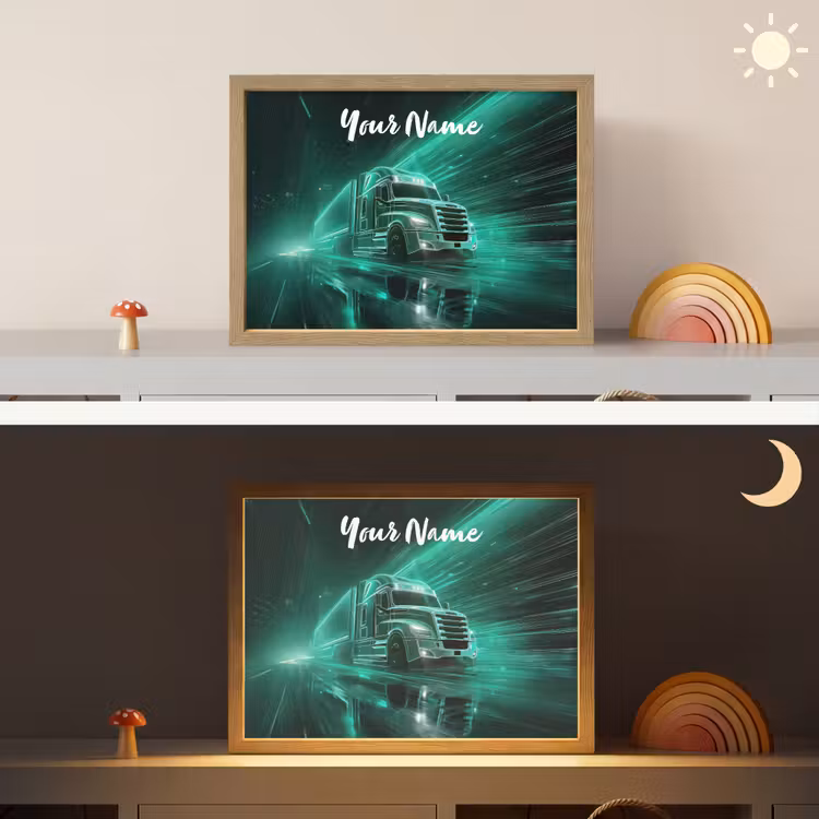 Vrachtwagen - Stad - Groen - Neon Light Box met batterij (Wandlamp kind) middel -sfeer3_kind