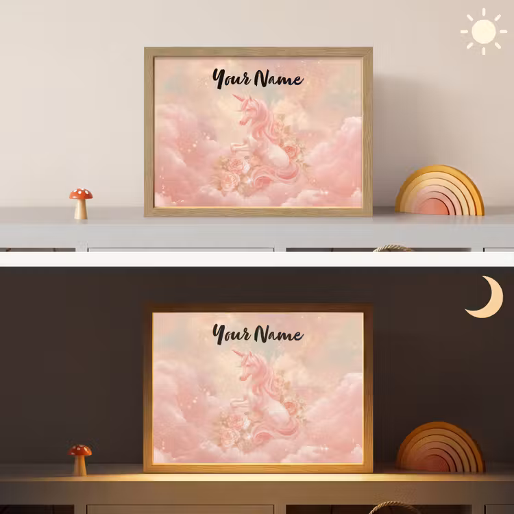 Eenhoorn - Wolken - Roze Light Box met batterij (Wandlamp kind) middel -sfeer3_kind