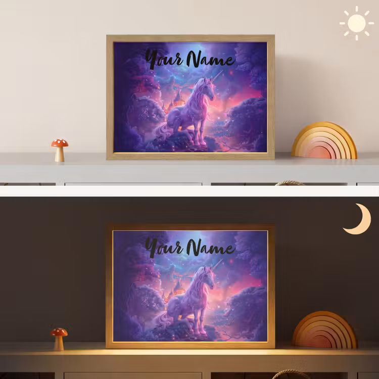 Eenhoorn - Fantasy - Kasteel - Meisje - Paars - Roze Light Box met batterij (Wandlamp kind) middel -sfeer3_kind