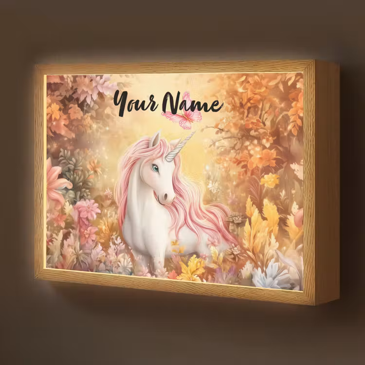 Eenhoorn - Bloemen - Vlinder - Roze Light Box met batterij (Wandlamp kind) middel -z3d_website