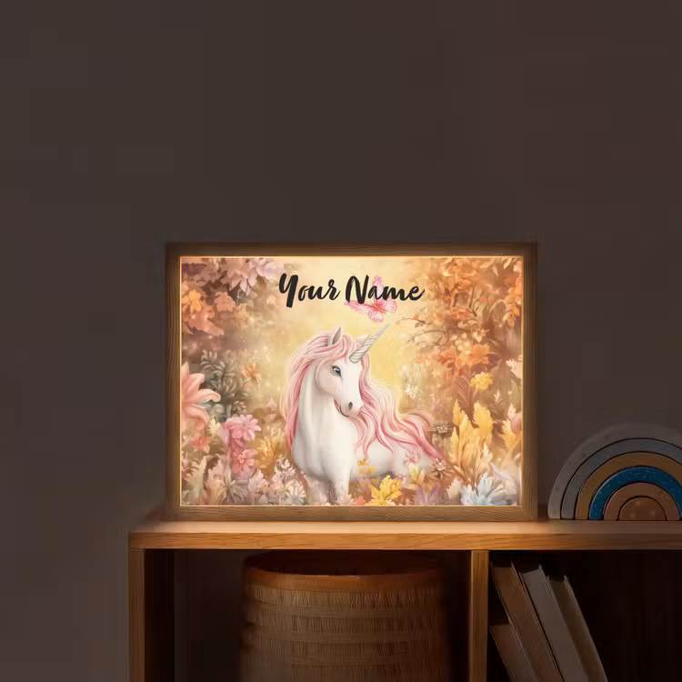 Eenhoorn - Bloemen - Vlinder - Roze Light Box met batterij (Wandlamp kind) middel -sfeer1_kind