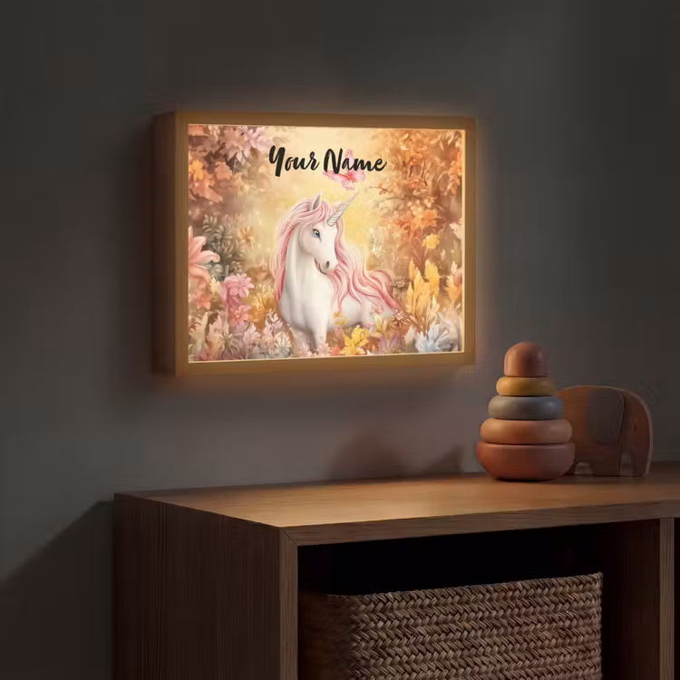 Eenhoorn - Bloemen - Vlinder - Roze Light Box met batterij (Wandlamp kind) middel -sfeer5_kind
