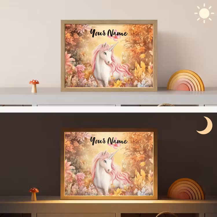 Eenhoorn - Bloemen - Vlinder - Roze Light Box met batterij (Wandlamp kind) middel -sfeer3_kind