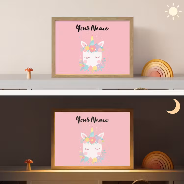 Eenhoorn - Bloemen - Roze Light Box met batterij (Wandlamp kind) middel -sfeer3_kind