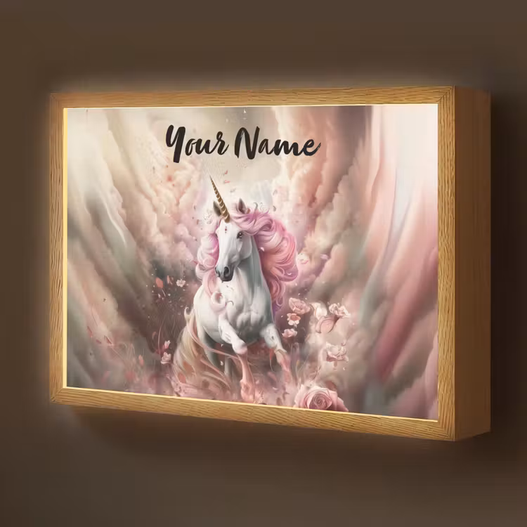 Eenhoorn - Meisje - Roze - Bloemen - Sprookje Light Box met batterij (Wandlamp kind) middel -z3d_website