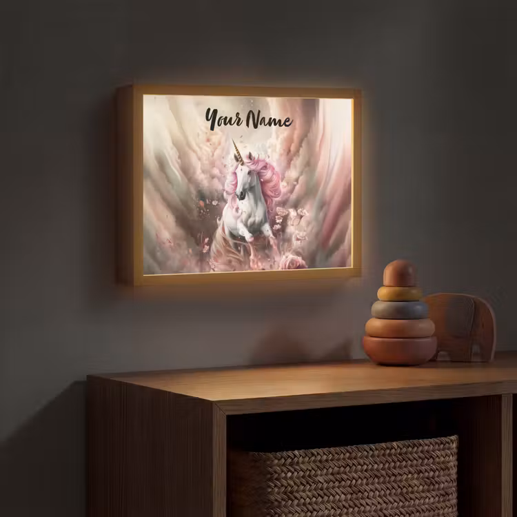 Eenhoorn - Meisje - Roze - Bloemen - Sprookje Light Box met batterij (Wandlamp kind) middel -sfeer5_kind