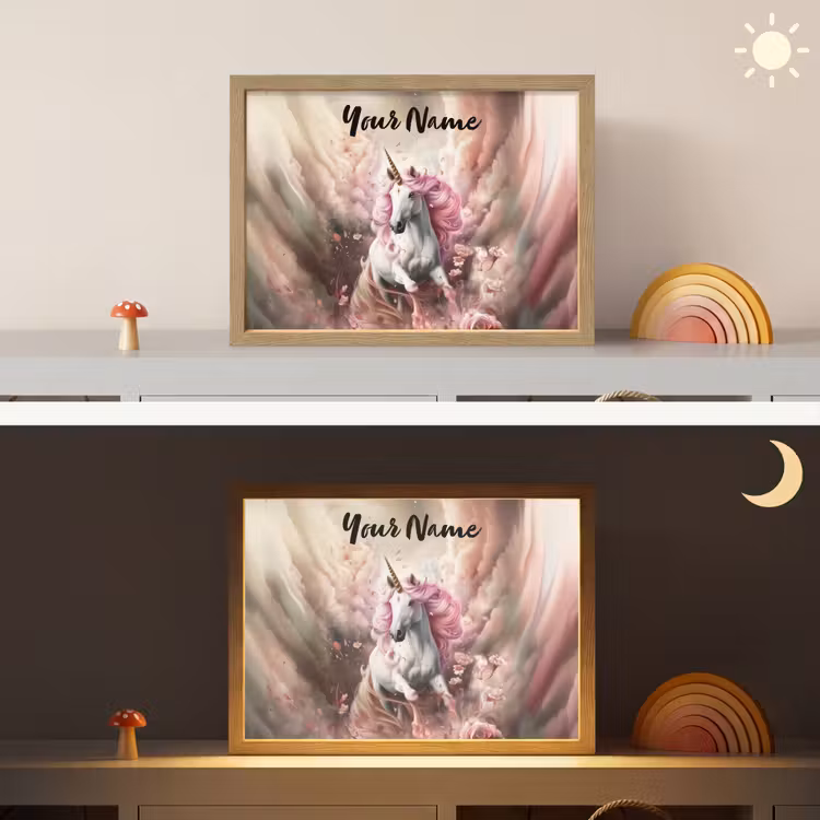 Eenhoorn - Meisje - Roze - Bloemen - Sprookje Light Box met batterij (Wandlamp kind) middel -sfeer3_kind