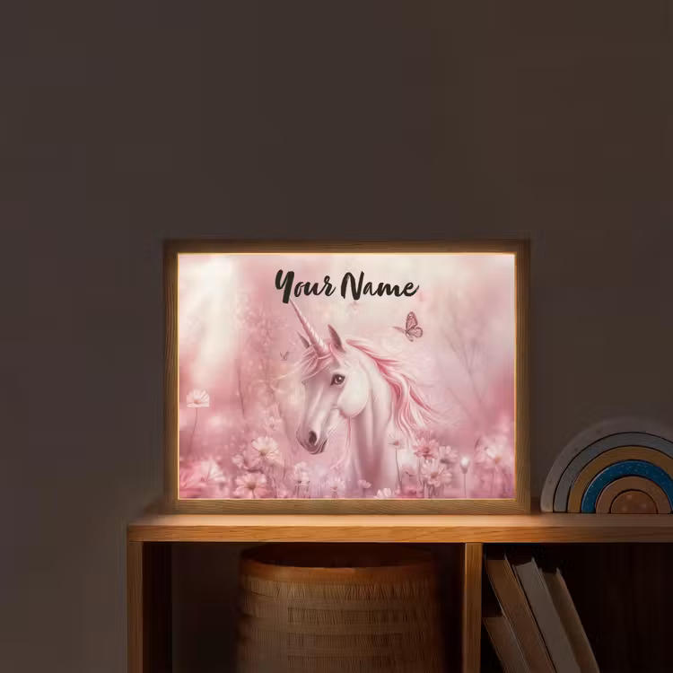 Eenhoorn - Roze - Vlinders - Bloemen Light Box met batterij (Wandlamp kind) middel -sfeer1_kind