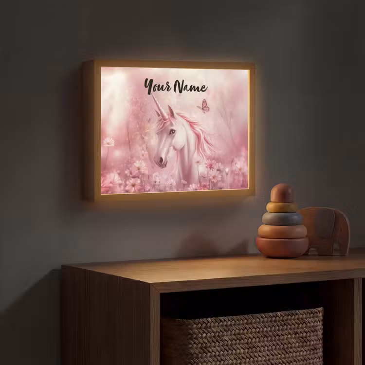 Eenhoorn - Roze - Vlinders - Bloemen Light Box met batterij (Wandlamp kind) middel -sfeer5_kind