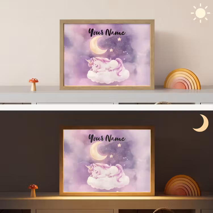 Eenhoorn - Paars - Sterrenhemel - Maan Light Box met batterij (Wandlamp kind) middel -sfeer3_kind