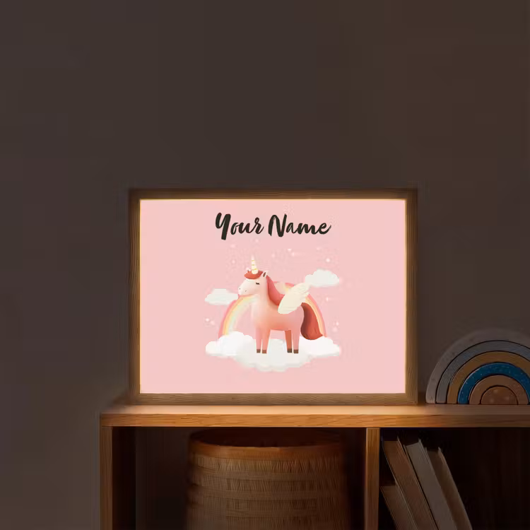 Eenhoorn - Vleugels - Roze - Regenboog Light Box met batterij (Wandlamp kind) middel -sfeer1_kind