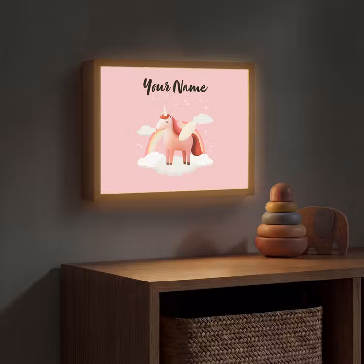 Eenhoorn - Vleugels - Roze - Regenboog Light Box met batterij (Wandlamp kind) middel -sfeer5_kind