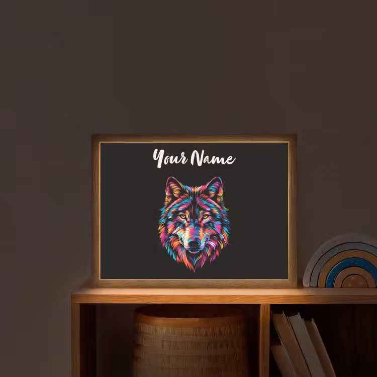 Wolf - Kleurrijk - Zwart - Dieren - Neon Light Box met batterij (Wandlamp kind) middel -sfeer1_kind