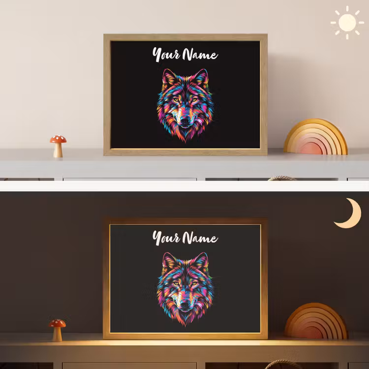 Wolf - Kleurrijk - Zwart - Dieren - Neon Light Box met batterij (Wandlamp kind) middel -sfeer3_kind