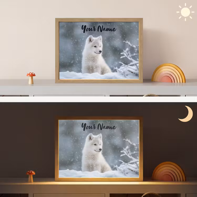 Wolf - Pup - Sneeuw Light Box met batterij (Wandlamp kind) middel -sfeer3_kind
