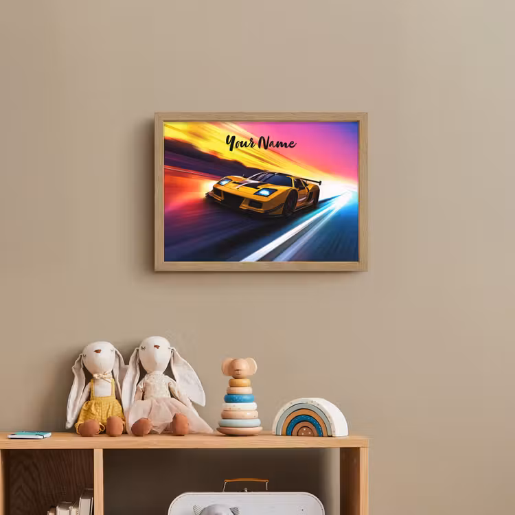 Gele raceauto - Kleurrijk - Neon Light Box met batterij (Wandlamp kind) middel -sfeer2_kind