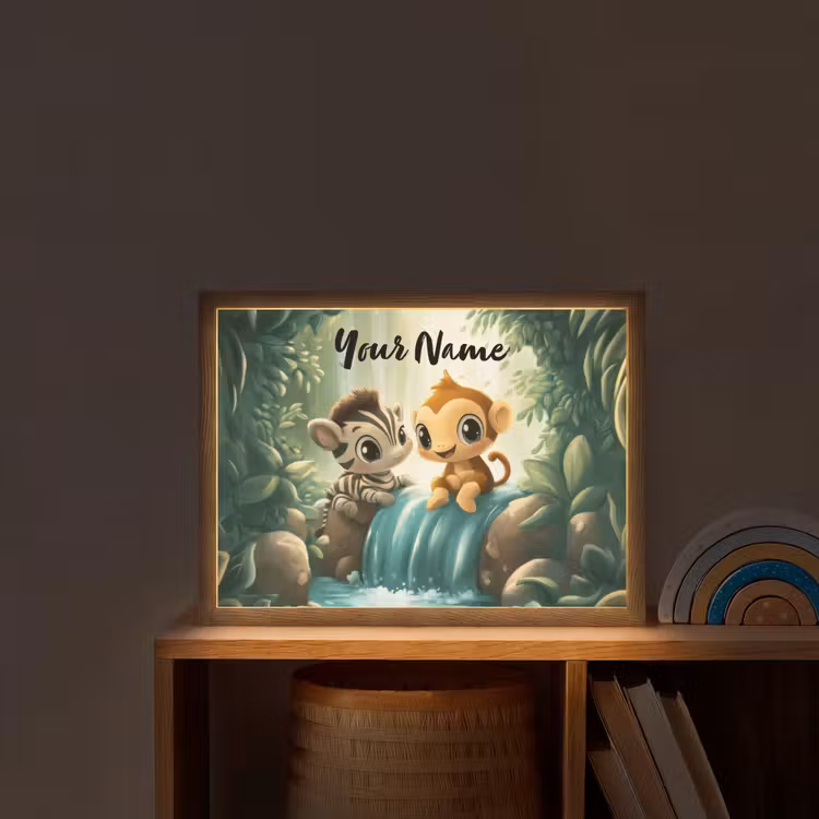 Zebra - Aapje - Waterval - Rotsen Light Box met batterij (Wandlamp kind) middel -sfeer1_kind