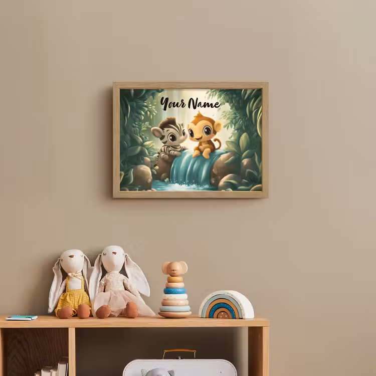 Zebra - Aapje - Waterval - Rotsen Light Box met batterij (Wandlamp kind) middel -sfeer2_kind