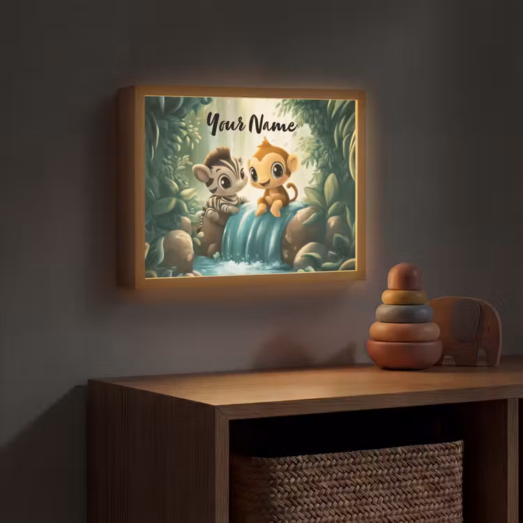 Zebra - Aapje - Waterval - Rotsen Light Box met batterij (Wandlamp kind) middel -sfeer5_kind