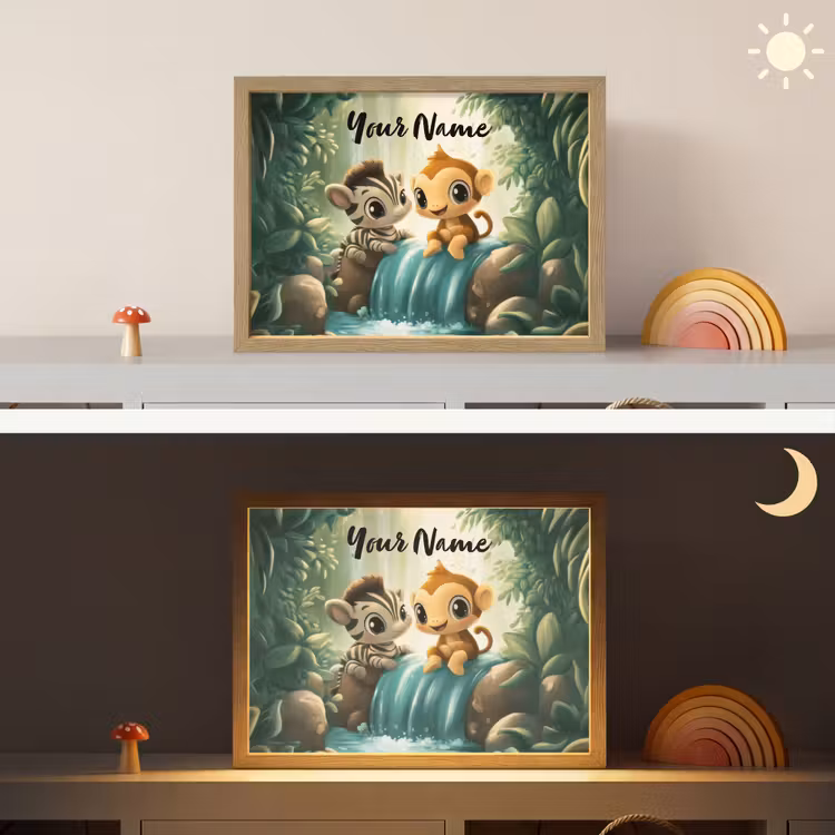 Zebra - Aapje - Waterval - Rotsen Light Box met batterij (Wandlamp kind) middel -sfeer3_kind