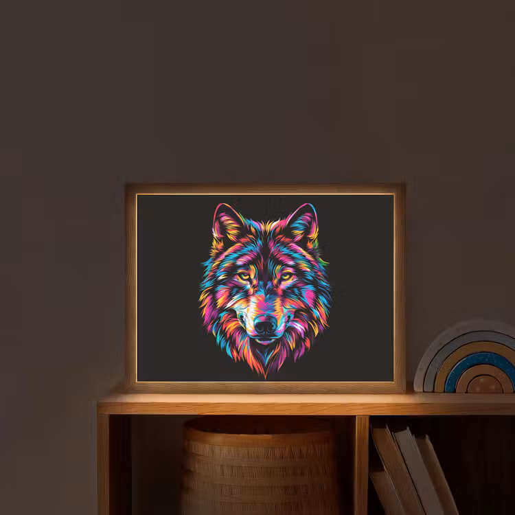 Wolf - Kleurrijk - Zwart - Dieren - Neon Light Box met batterij (Wandlamp kind) middel -sfeer1_kind