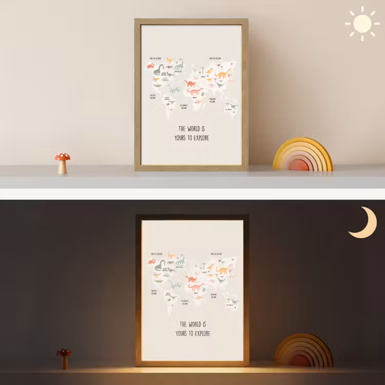 Wereldkaart - Dino - Kinderen - Dinosaurus Light Box met batterij (Wandlamp kind) middel -sfeer3_kind