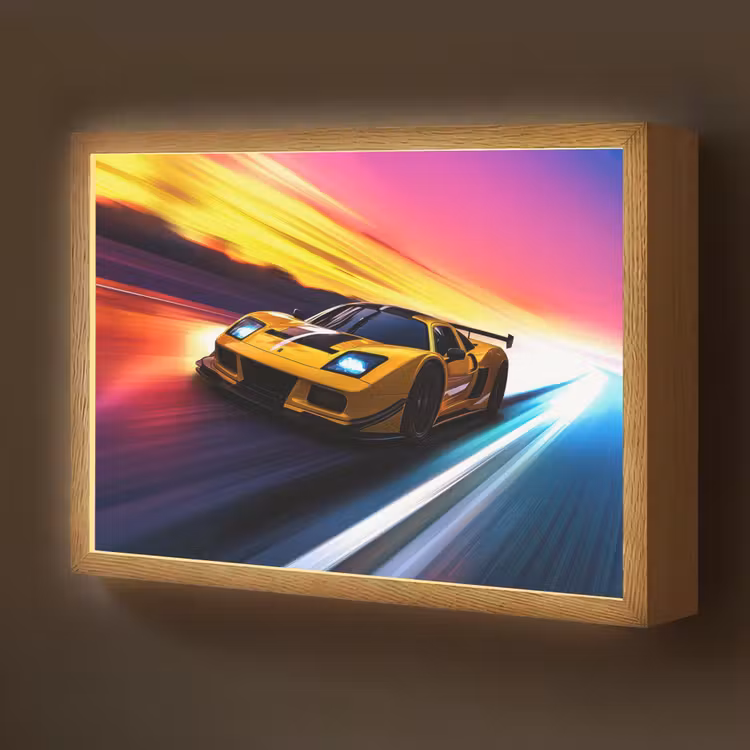 Gele raceauto - Kleurrijk - Neon Light Box met batterij (Wandlamp kind) middel -z3d_website