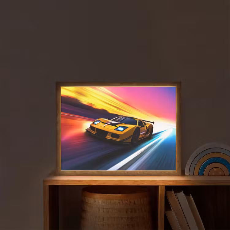 Gele raceauto - Kleurrijk - Neon Light Box met batterij (Wandlamp kind) middel -sfeer1_kind