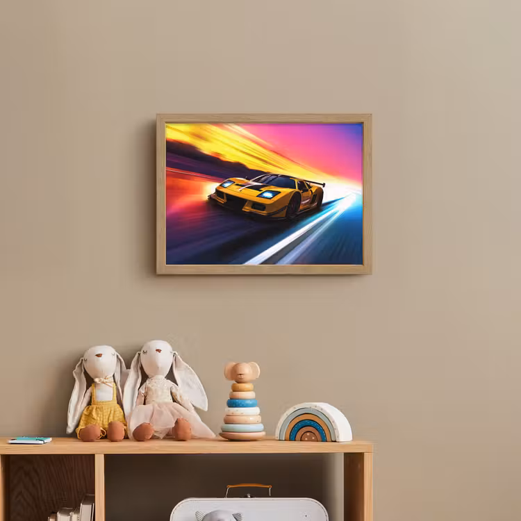 Gele raceauto - Kleurrijk - Neon Light Box met batterij (Wandlamp kind) middel -sfeer2_kind