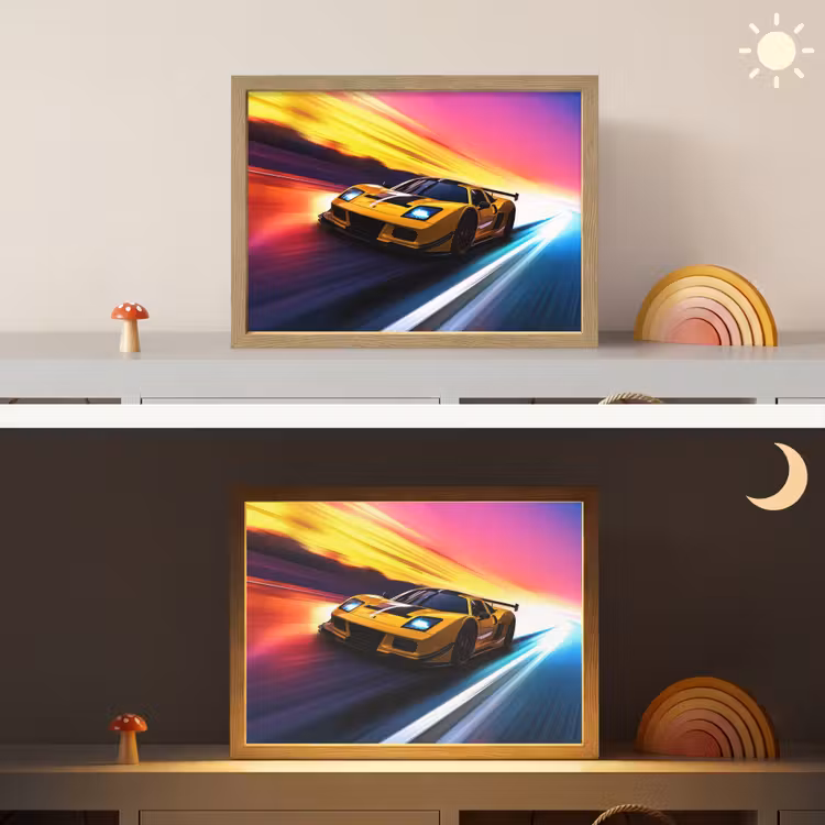 Gele raceauto - Kleurrijk - Neon Light Box met batterij (Wandlamp kind) middel -sfeer3_kind