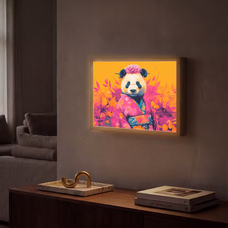 Kimono - Roze - Panda - Bloemenkroon Light Box met batterij (Wandlamp) middel -sfeer1
