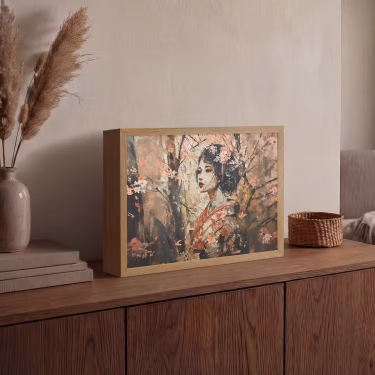 Kimono - Vrouw - kersenbomen Light Box met batterij (Wandlamp) middel -sfeer2