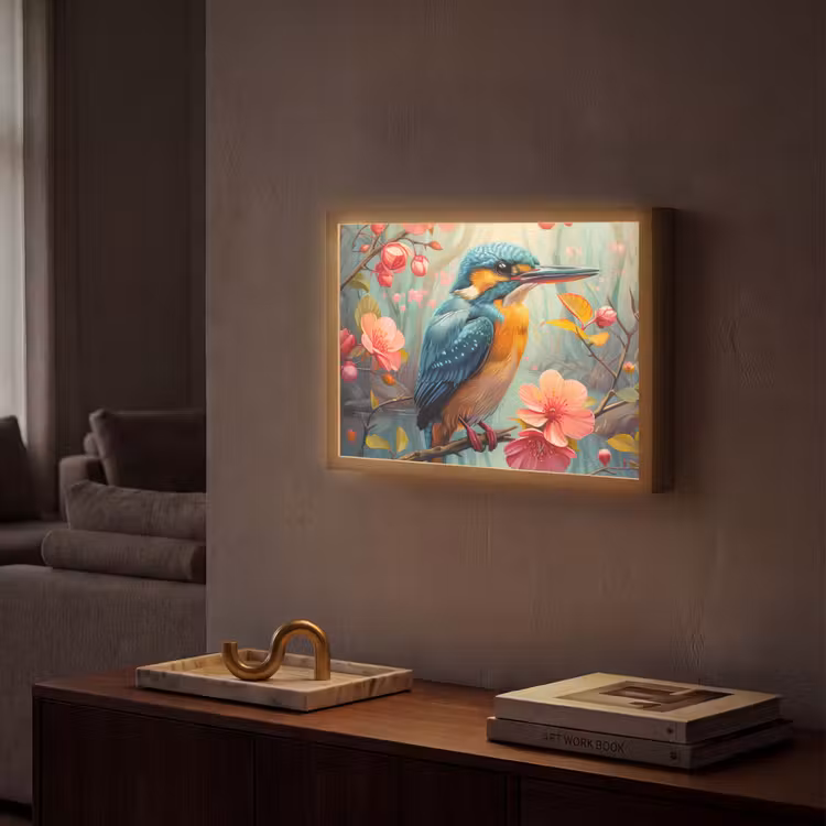 IJsvogel - Bloesem - Natuur - Vogels - Bloemen Light Box met batterij (Wandlamp) middel -sfeer1