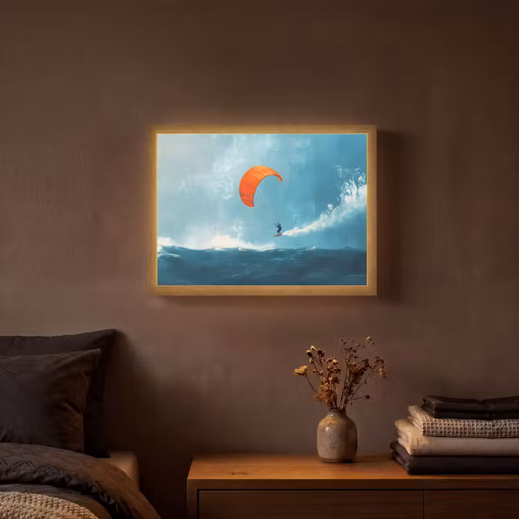 Kitesurfer - Oranje - Zee - Lucht Light Box met batterij (Wandlamp) middel -sfeer4