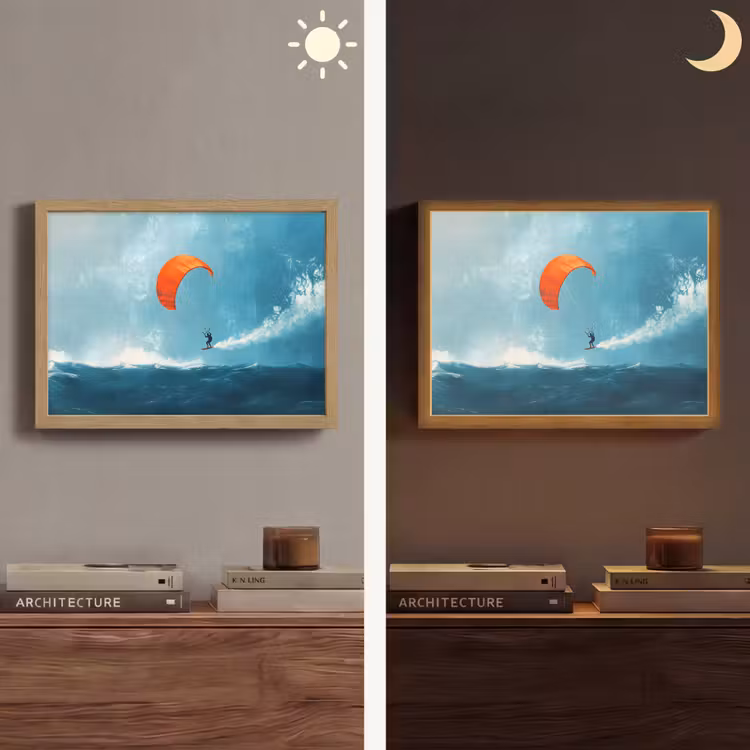 Kitesurfer - Oranje - Zee - Lucht Light Box met batterij (Wandlamp) middel -sfeer3