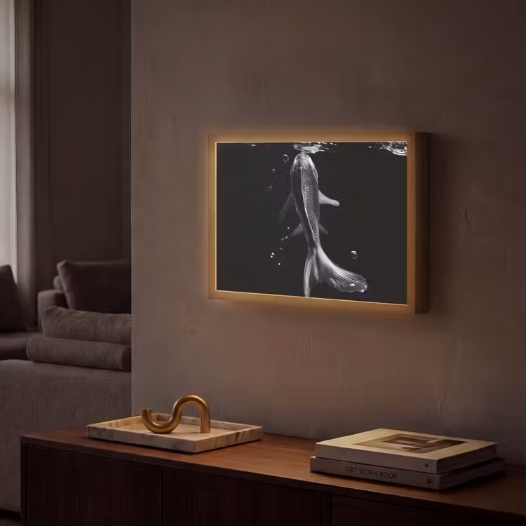 Koi - Vissen - Water - Zwart Light Box met batterij (Wandlamp) middel -sfeer1