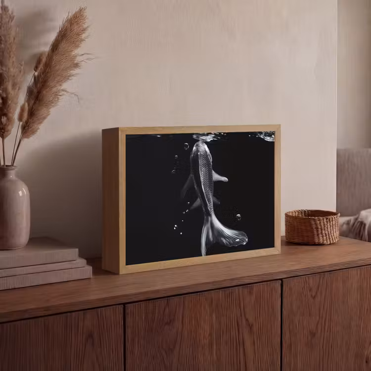 Koi - Vissen - Water - Zwart Light Box met batterij (Wandlamp) middel -sfeer2