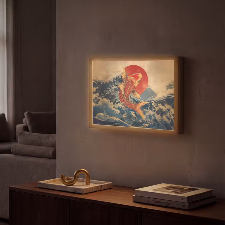 Koi - Zee - Golven - Zon Light Box met batterij (Wandlamp) middel -sfeer1