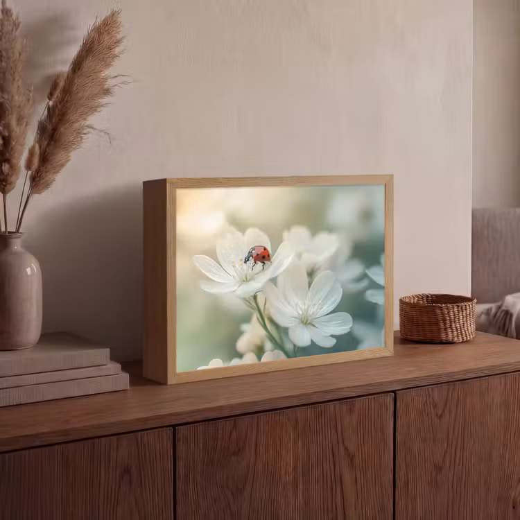 Lieveheersbeestje - Bloemen - Wit Light Box met batterij (Wandlamp) middel -sfeer2