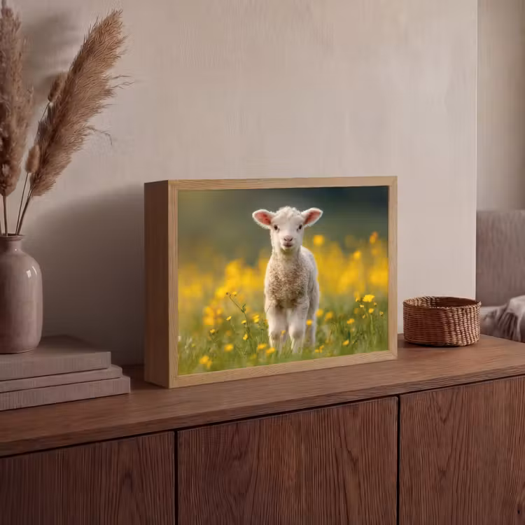 Lammetje - Gras - Bloemen - Geel Light Box met batterij (Wandlamp) middel -sfeer2