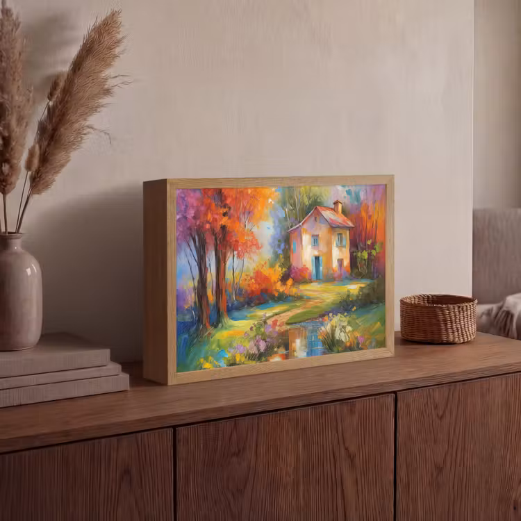 Landschap - Kleurrijk - Olieverf - Kunst Light Box met batterij (Wandlamp) middel -sfeer2