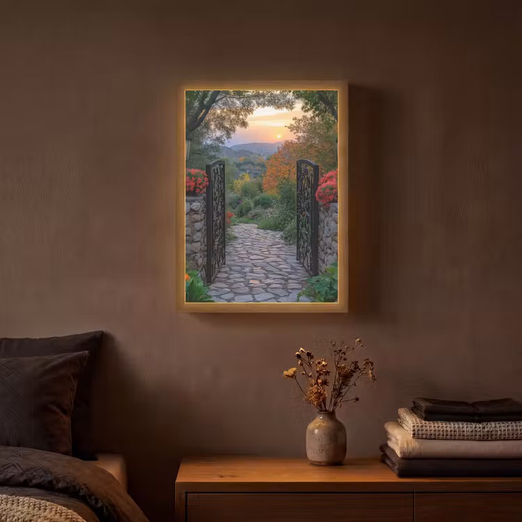 Landschap - Hek - Pad - Zonsondergang - Natuur Light Box met batterij (Wandlamp) middel -sfeer4