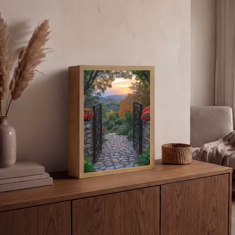 Landschap - Hek - Pad - Zonsondergang - Natuur Light Box met batterij (Wandlamp) middel -sfeer2