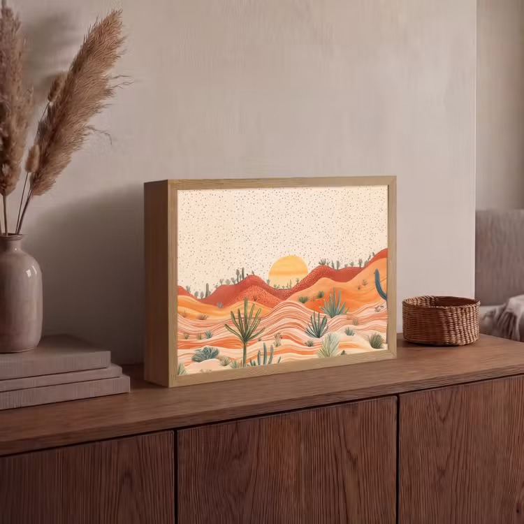 Landschap - Heuvels - Zonsondergang Light Box met batterij (Wandlamp) middel -sfeer2