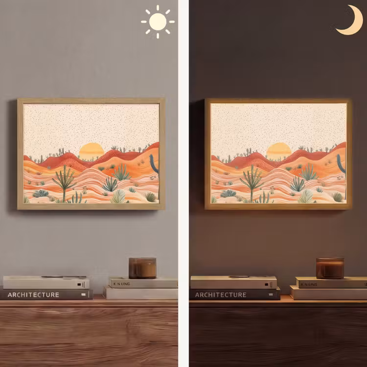 Landschap - Heuvels - Zonsondergang Light Box met batterij (Wandlamp) middel -sfeer3