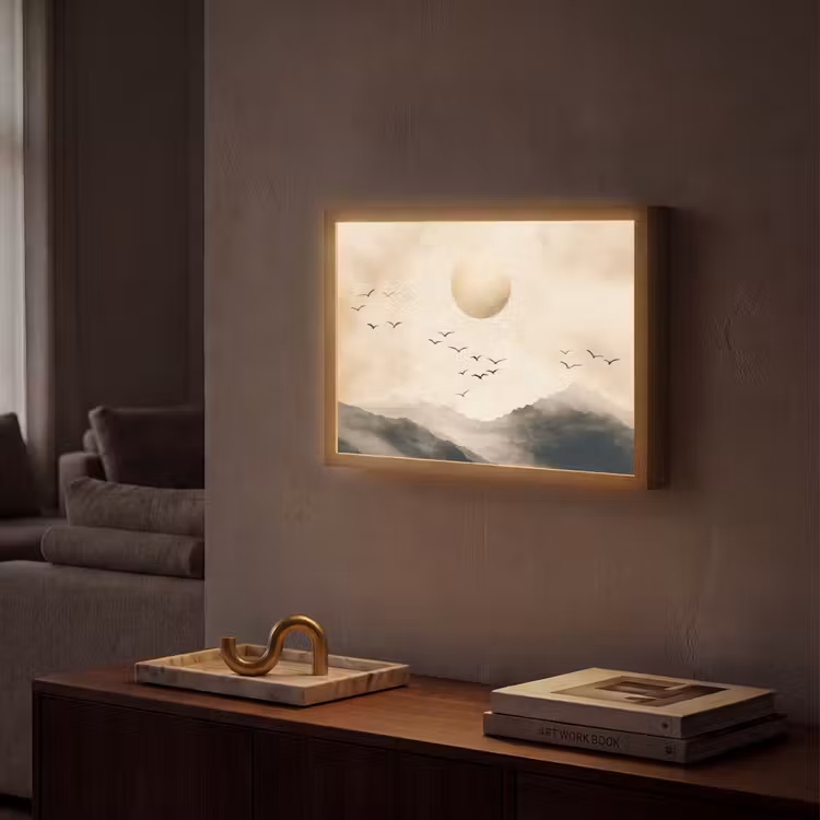 Landschap - Japandi - vogel Light Box met batterij (Wandlamp) middel -sfeer1